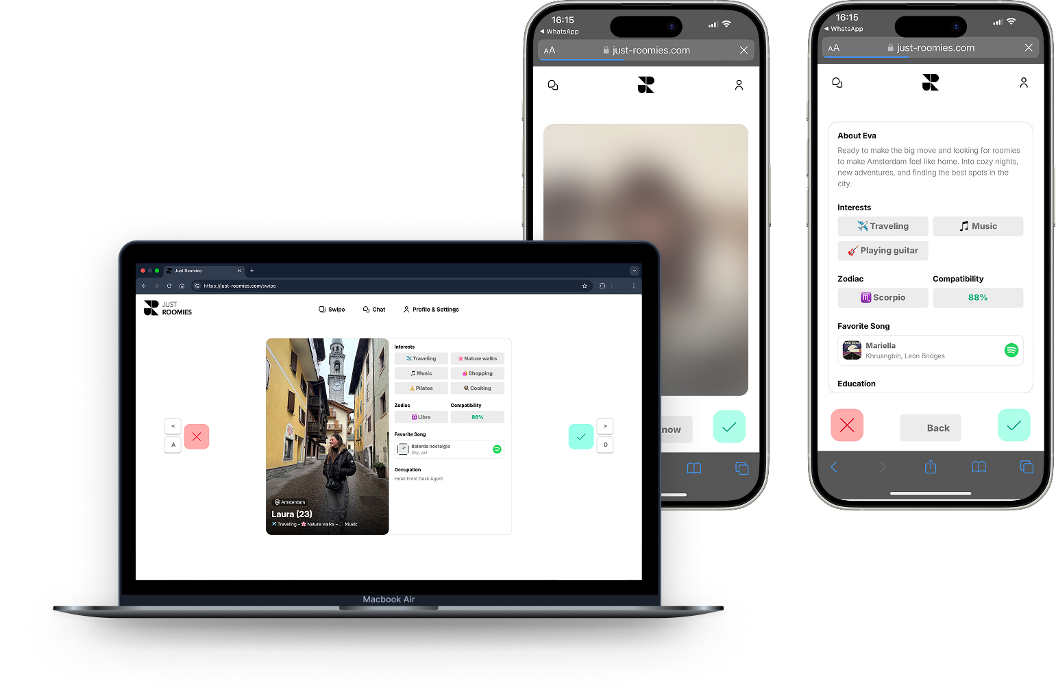 Just Roomies, platform op desktop en mobiel
